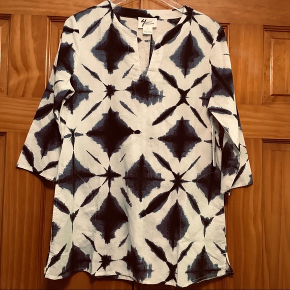 Andrea Jovine Linen Blend NWT Tye-Dye Top Navy/White - Picture 1 of 7